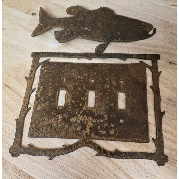 Rustic Fish Triple Switch Plate Cover Copper Patina Torch Cut EUC Cabin Woods - Picture 1 of 6